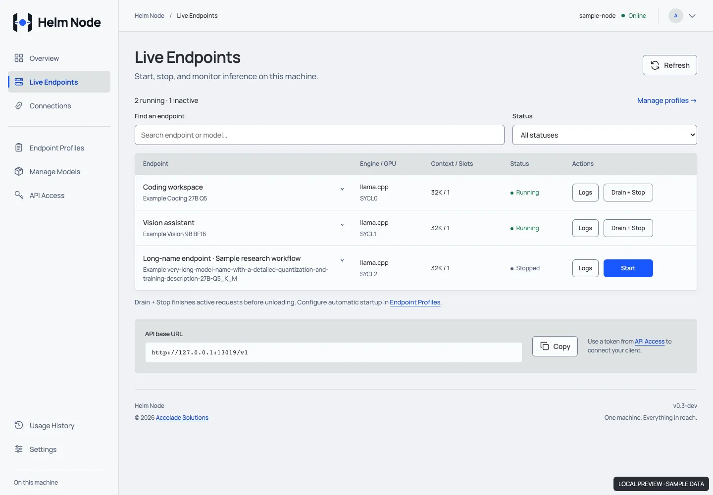 Helm Node Live Endpoints view with two sample running endpoints, GPU placement, and runtime controls. Local preview using synthetic data.