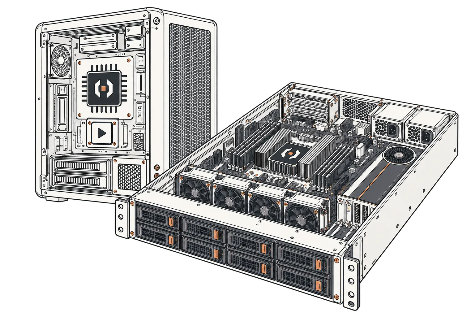 A local workstation beside an open-top rackmount server, showing internal compute components.